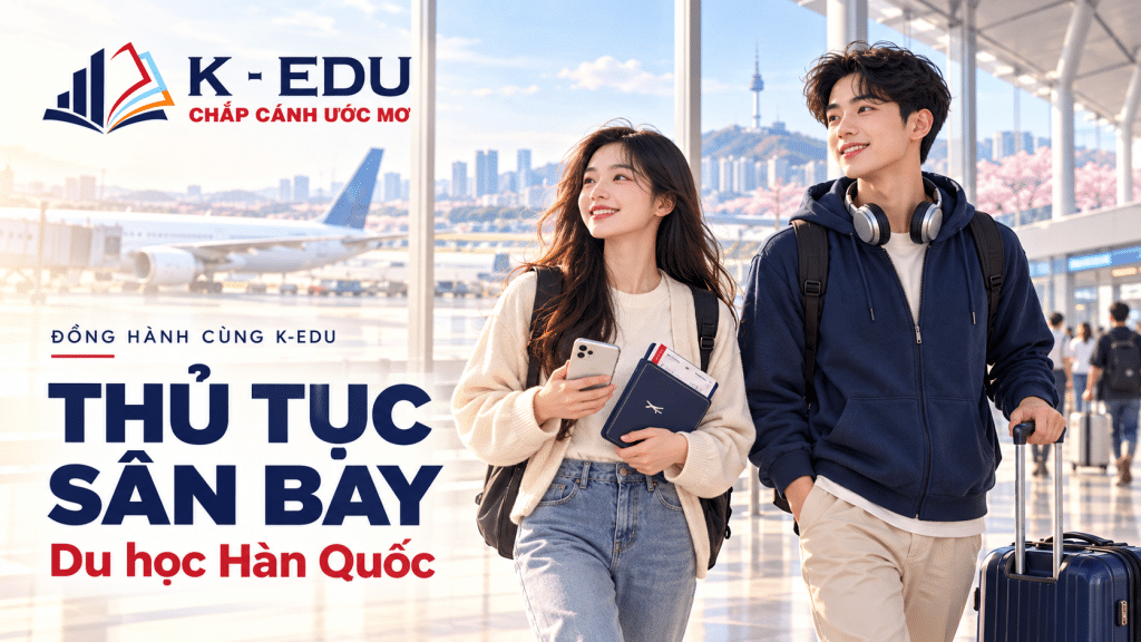 Ảnh minh họa AI: hai du học sinh mang hành lý tại sân bay Hàn Quốc, có logo K-Edu.