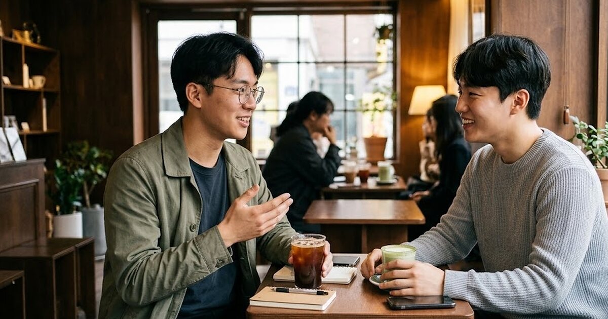 Hai sinh viên trò chuyện bằng tiếng Hàn trong quán cà phê ở Seoul