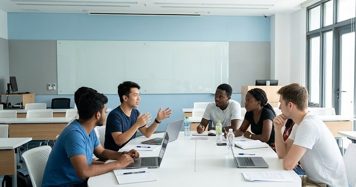 Sinh viên quốc tế thảo luận trong phòng seminar của chương trình dạy bằng tiếng Anh tại Hàn Quốc