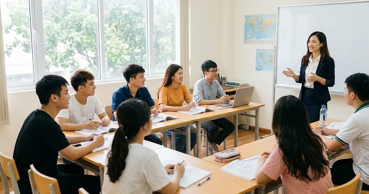 Lớp học tiếng Hàn nhỏ với giáo viên và học viên, so sánh học ở Hàn và ở Việt Nam