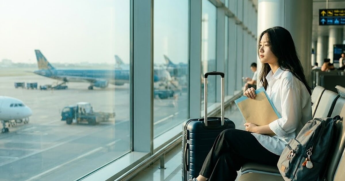 Nữ sinh ngồi cùng vali tại sân bay, chuẩn bị đi du học Hàn Quốc khi chưa có TOPIK