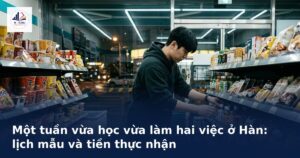 Du học sinh làm ca tối ở cửa hàng tiện lợi, minh họa lịch vừa học vừa làm hai việc tại Hàn