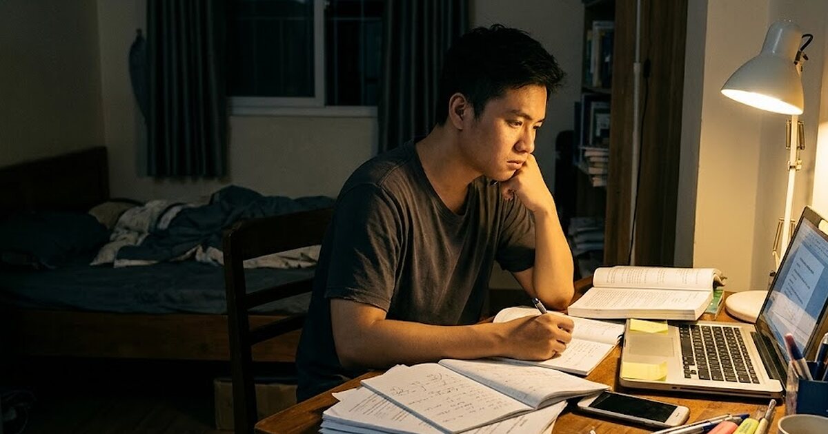 Người học mệt mỏi bên bàn đầy sách, minh họa sai lầm khi tự học tiếng Hàn