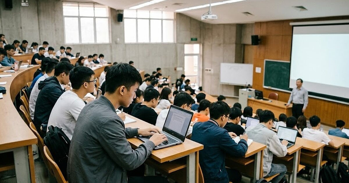 Nam sinh ghi chép bài giảng trong giảng đường đại học Hàn Quốc